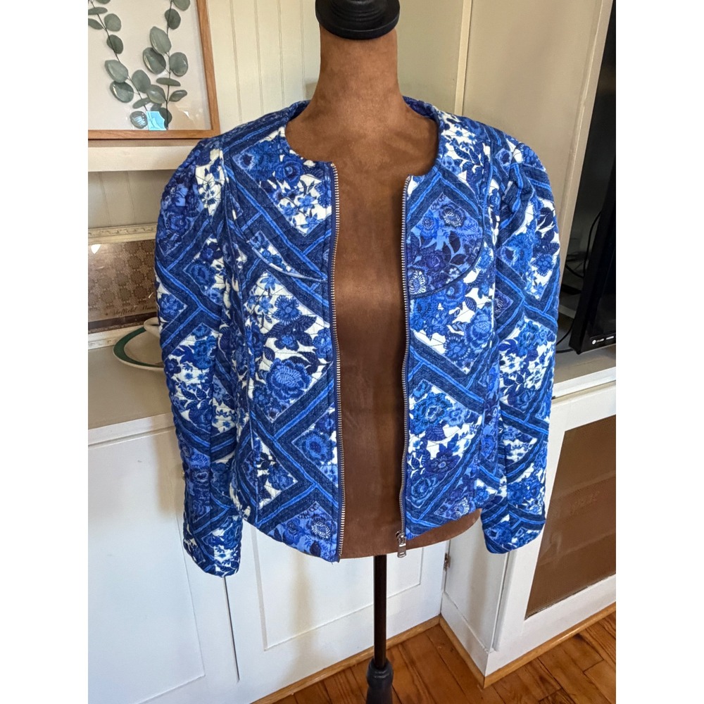 7 For All Mankind Blue Floral Quilted Puffer Jacket Puff Sleeve Size L NEW